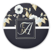 Monogrammed Navy Blue White Floral Decor Anemone Keramische Knop (Voorkant)
