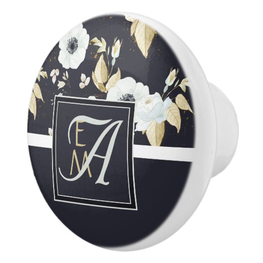 Monogrammed Navy Blue White Floral Decor Anemone Keramische Knop (Rechts)