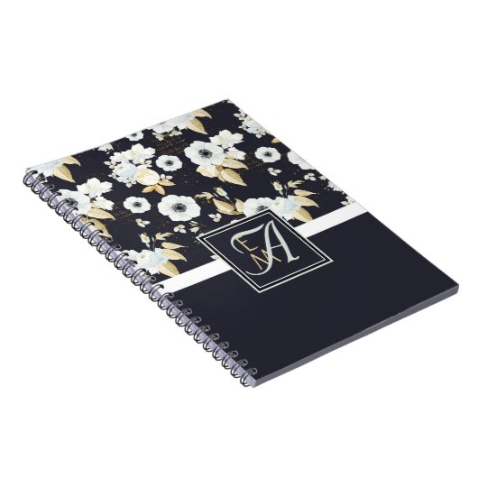 Monogrammed Navy Blue White Floral Decor Anemone Notitieboek (Rechterzijde)