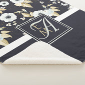 Monogrammed Navy Blue White Floral Decor Anemone Sherpa Deken (3/4)