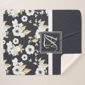 Monogrammed Navy Blue White Floral Decor Anemone Sherpa Deken (Voorkant (horizontaal))