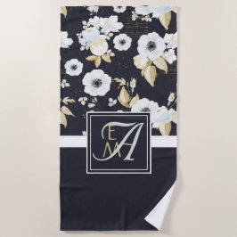 Monogrammed Navy Blue White Floral Decor Anemone Strandlaken