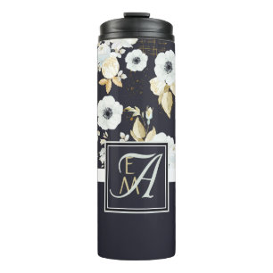 Monogrammed Navy Blue White Floral Decor Anemone Thermosbeker