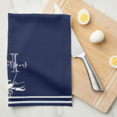 Monogrammed Navy Blue White Lobster Nautical Theedoek (Quarter Fold)