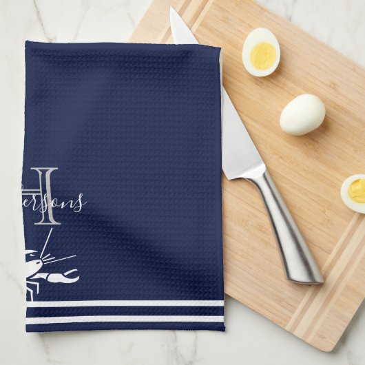Monogrammed Navy Blue White Lobster Nautical Theedoek (Quarter Fold)