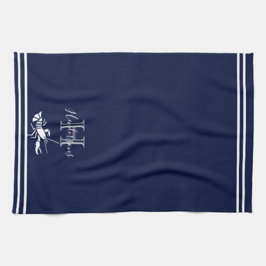 Monogrammed Navy Blue White Lobster Nautical Theedoek (Horizontaal)