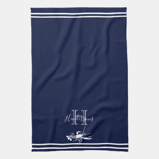 Monogrammed Navy Blue White Lobster Nautical Theedoek (Verticaal)