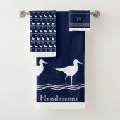 Monogrammed Navy Blue White Sandpipers Nautical Ba Bad Handdoek (Insitu)
