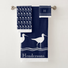 Monogrammed Navy Blue White Sandpipers Nautical Ba Bad Handdoek