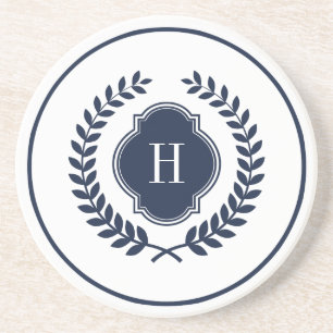 Monogrammed Navy-Blue Wreath Zandsteen Onderzetter