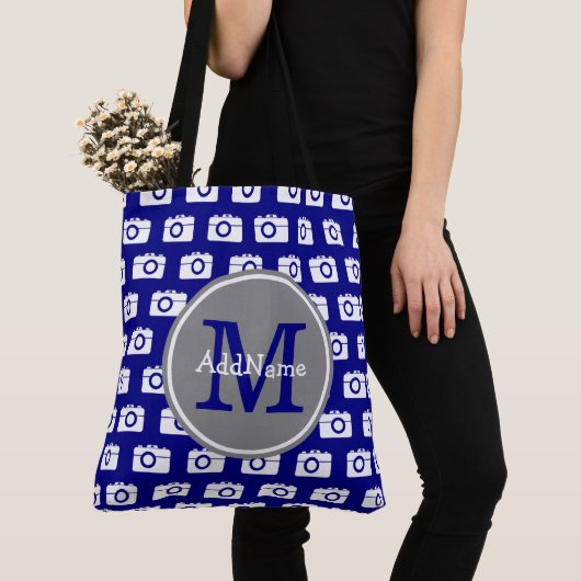 Monogrammed Navy Camera Pattern met de Naam van de Tote Bag (Dichtbij)