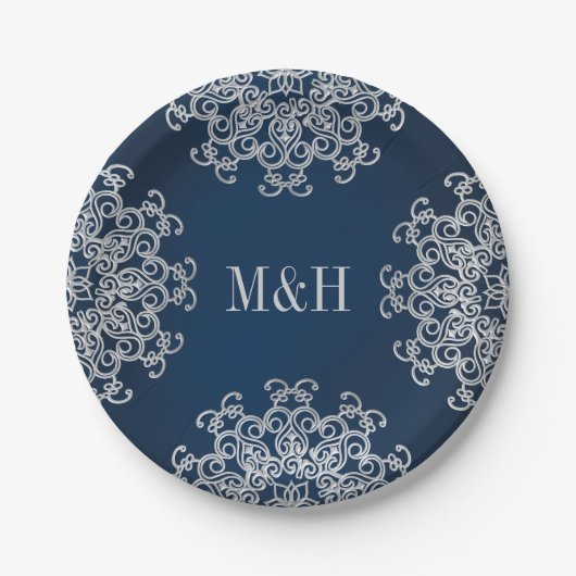 Monogrammed Navy en Silver Indian Style Wedding Papieren Bordje (Voorkant)