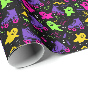 Monogrammed Neon Ghosts en Schaatsen Halloween Cadeaupapier