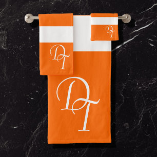 Monogrammed - neon oranje wit - vetstrepen bad handdoek