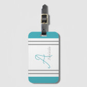 Monogrammed Ocean Blue & Grey Stripes Bagagelabel (Voorkant (verticaal))