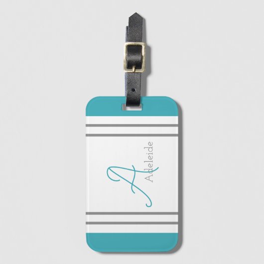 Monogrammed Ocean Blue & Grey Stripes Bagagelabel (Voorkant (verticaal))