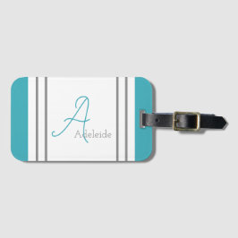 Monogrammed Ocean Blue & Grey Stripes Bagagelabel