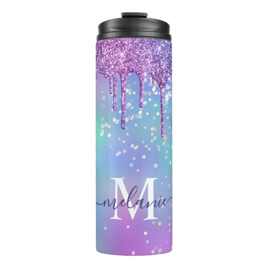 Monogrammed Ombre Rainbow Glitter Drip Thermosbeker (Voorkant)