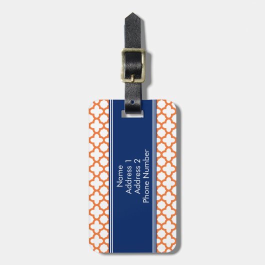 Monogrammed Oranje en Royal Blue Quatrefoil Bagagelabel (Voorkant verticaal)