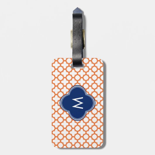 Monogrammed Oranje en Royal Blue Quatrefoil Bagagelabel (Achterkant verticaal)