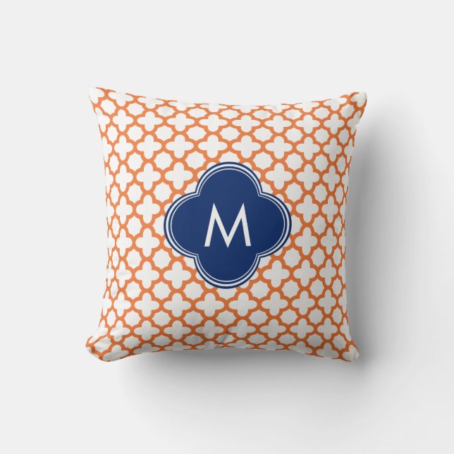 Monogrammed Oranje en Royal Blue Quatrefoil Kussen (Voorkant)