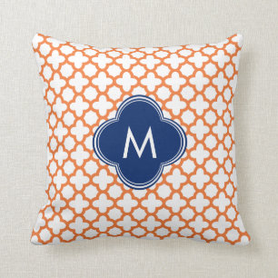 Monogrammed Oranje en Royal Blue Quatrefoil Kussen