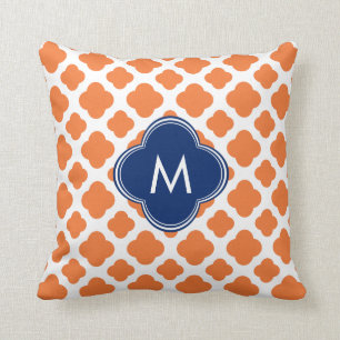 Monogrammed Oranje en Royal Blue Quatrefoil Kussen