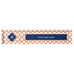 Monogrammed Oranje en Royal Blue Quatrefoil Naambordje