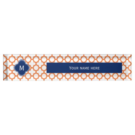 Monogrammed Oranje en Royal Blue Quatrefoil Naambordje (Voorkant)