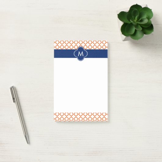 Monogrammed Oranje en Royal Blue Quatrefoil Post-it® Notes (Kantoor)