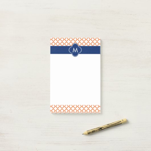 Monogrammed Oranje en Royal Blue Quatrefoil Post-it® Notes (Op bureau)