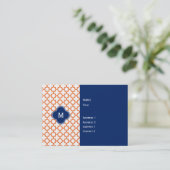 Monogrammed Oranje en Royal Blue Quatrefoil Visitekaartje (Staand voorkant)
