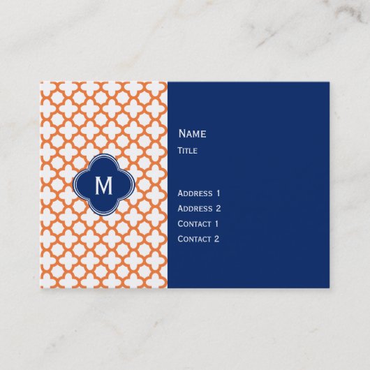 Monogrammed Oranje en Royal Blue Quatrefoil Visitekaartje (Voorkant)