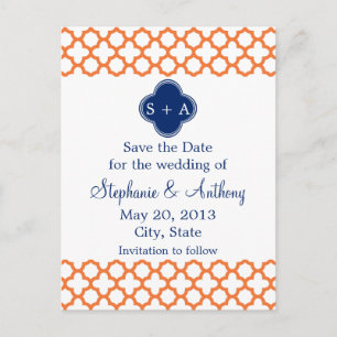Monogrammed Oranje, Royal Blue Quatrefoil Aankondigingskaart