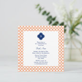 Monogrammed Oranje, Royal Blue Quatrefoil Bridal Kaart (Staand voorkant)