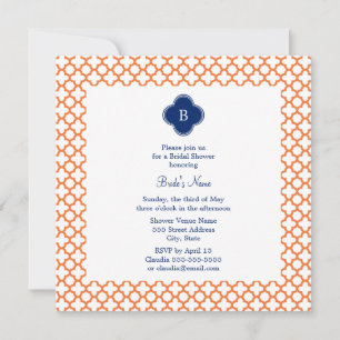 Monogrammed Oranje, Royal Blue Quatrefoil Bridal Kaart