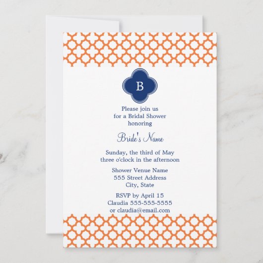 Monogrammed Oranje, Royal Blue Quatrefoil Bridal Kaart (Voorkant)