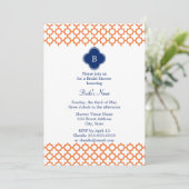 Monogrammed Oranje, Royal Blue Quatrefoil Bridal Kaart (Staand voorkant)