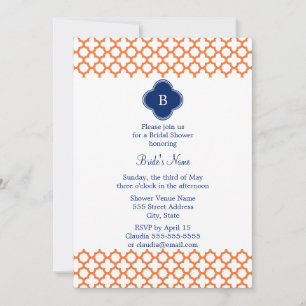 Monogrammed Oranje, Royal Blue Quatrefoil Bridal Kaart