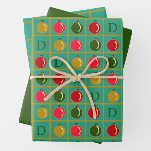 Monogrammed Ornamental Bingo Groen Rood Kerstfeest Inpakpapier Vel (In situ)