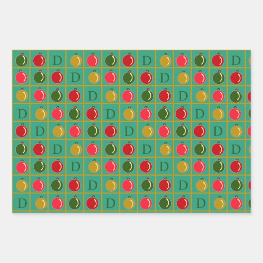 Monogrammed Ornamental Bingo Groen Rood Kerstfeest Inpakpapier Vel (Voorkant)