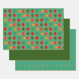 Monogrammed Ornamental Bingo Groen Rood Kerstfeest Inpakpapier Vel