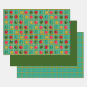 Monogrammed Ornamental Bingo Groen Rood Kerstfeest Inpakpapier Vel