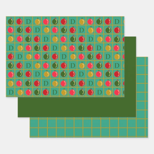 Monogrammed Ornamental Bingo Groen Rood Kerstfeest Inpakpapier Vel (Set)