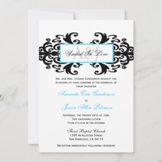 Monogrammed Ornamental Damask Wedding Invite Kaart (Voorkant)