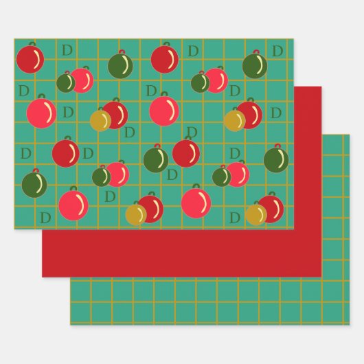 Monogrammed Ornamenten Rood, Groen Kerst Inpakpapier Vel (Set)