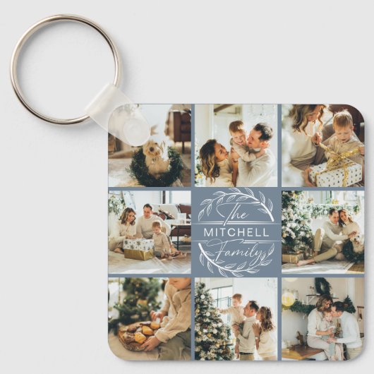 Monogrammed paar fotocollage | Dusty Blue Gift Sleutelhanger (Voorkant)