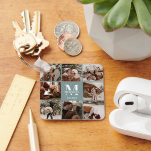 Monogrammed paar fotocollage Monogram groen Sleutelhanger
