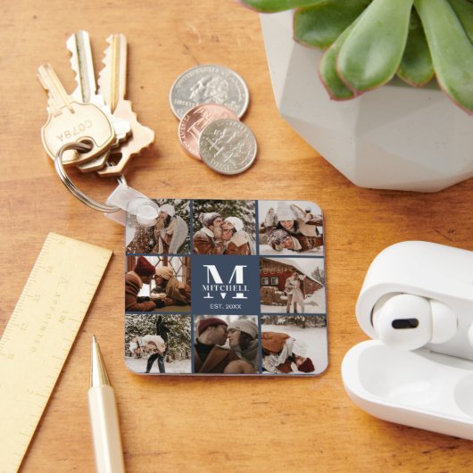 Monogrammed paar fotocollage | Monogram marine Sleutelhanger (Bureau)