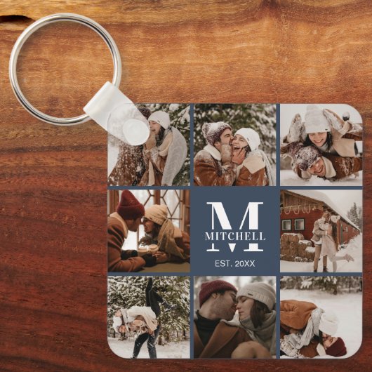 Monogrammed paar fotocollage | Monogram marine Sleutelhanger (Voorkant)